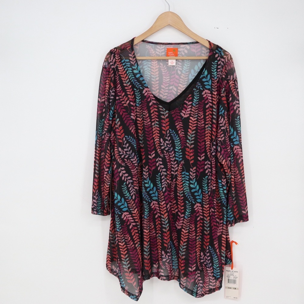 Hearts of Palm Top Woman 1X Animal Attraction IK Black Multi Mesh Leaf Print NWT